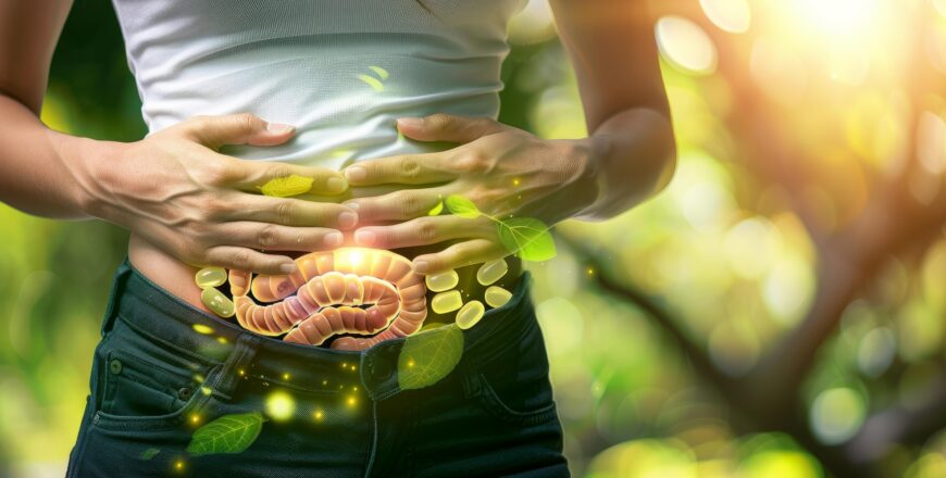 Woman holding stomach with intestines superimposed showing digestive system health